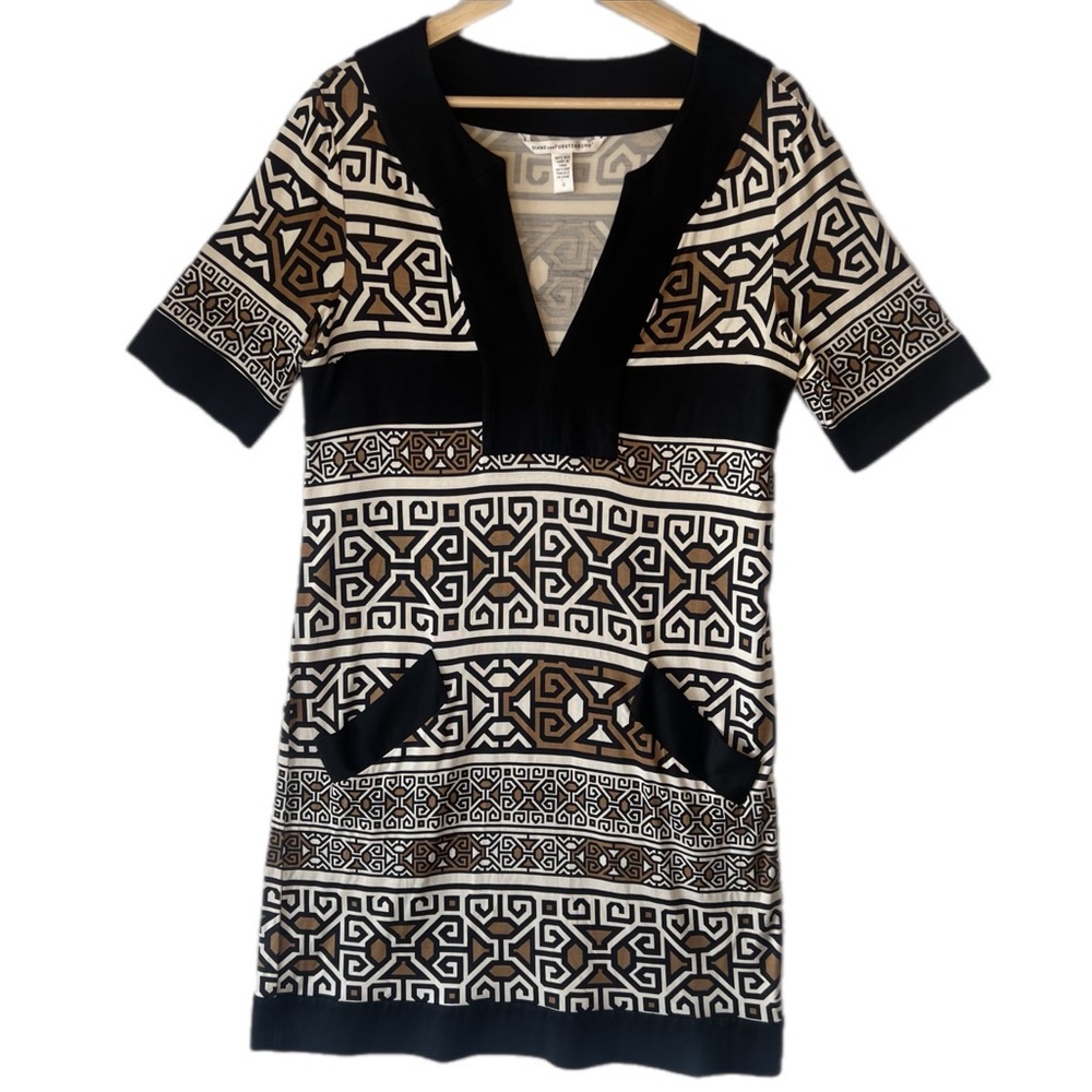 Diane Von Furstenberg 100% silk Midi dress Aztec Brown Black White Tunic‎ Sz 12
